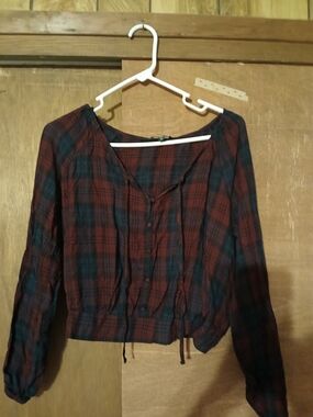 Express Plaid Button-Front Top - Burgundy & Navy